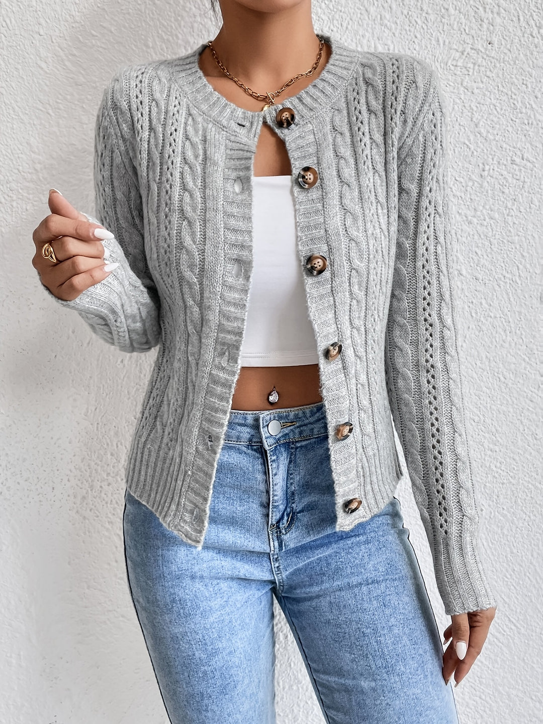 Eldergy - Dames Kabelgebreide Cardigan - Knoopsluiting Lange Mouw Dikke Trui