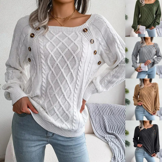 Moda Kabeltrui Dames - Knopen Detail, Losse Pasvorm, Lange Mouwen