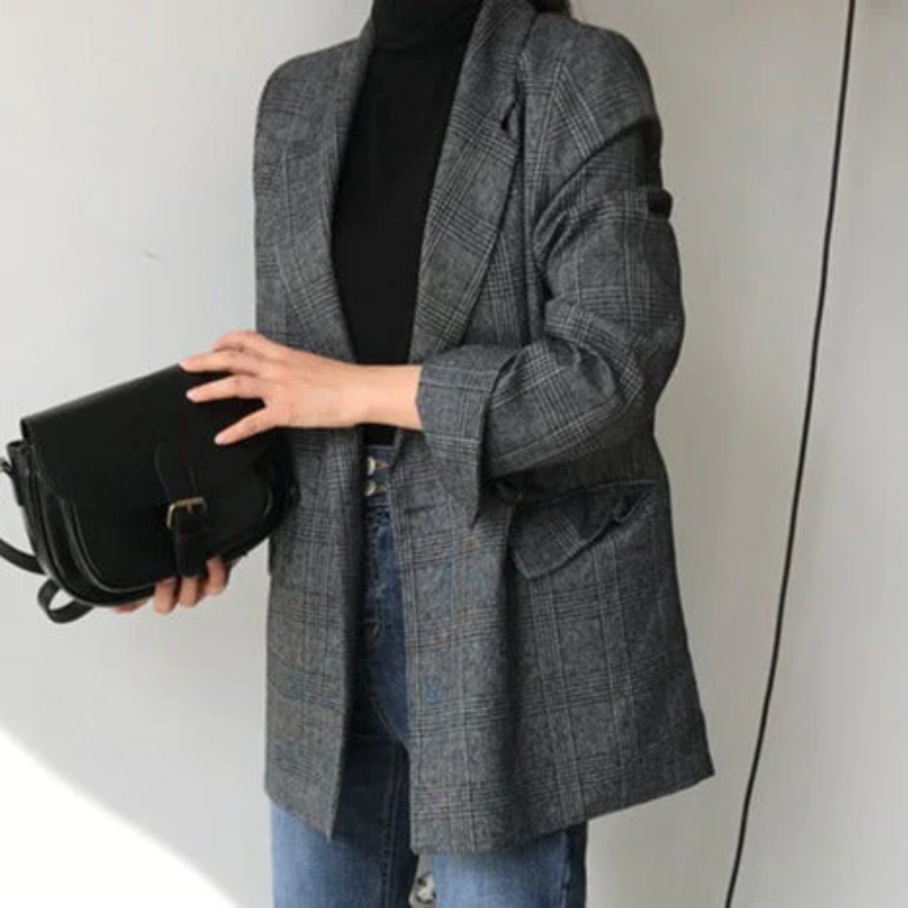 Velorna - Dames Geruite Oversized Blazer, Lange Mouw, Reverskraag