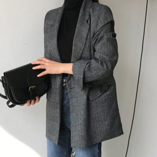 Velorna - Dames Geruite Oversized Blazer, Lange Mouw, Reverskraag