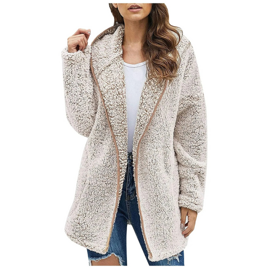 Heralyn - Lange Teddy Jas Dames met Capuchon en Contrastboorden