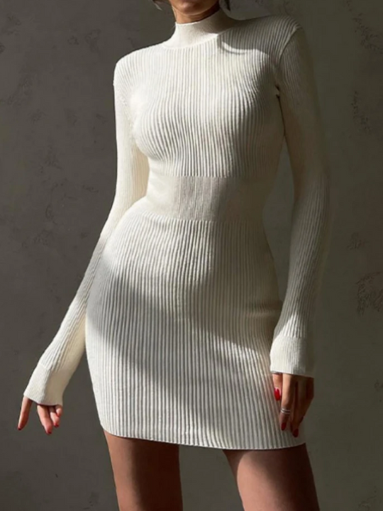 Rokrijk - Slim Fit Gebreide Jurk met Coltrui en Nauwsluitend Silhouet, Gebreide Dames Jurks