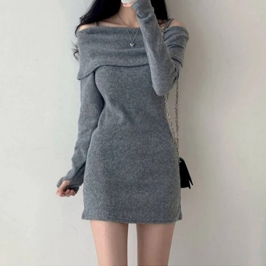 Flairjur - Off Shoulder Gebreide Trui Jurk, Gebreide Dames Jurks