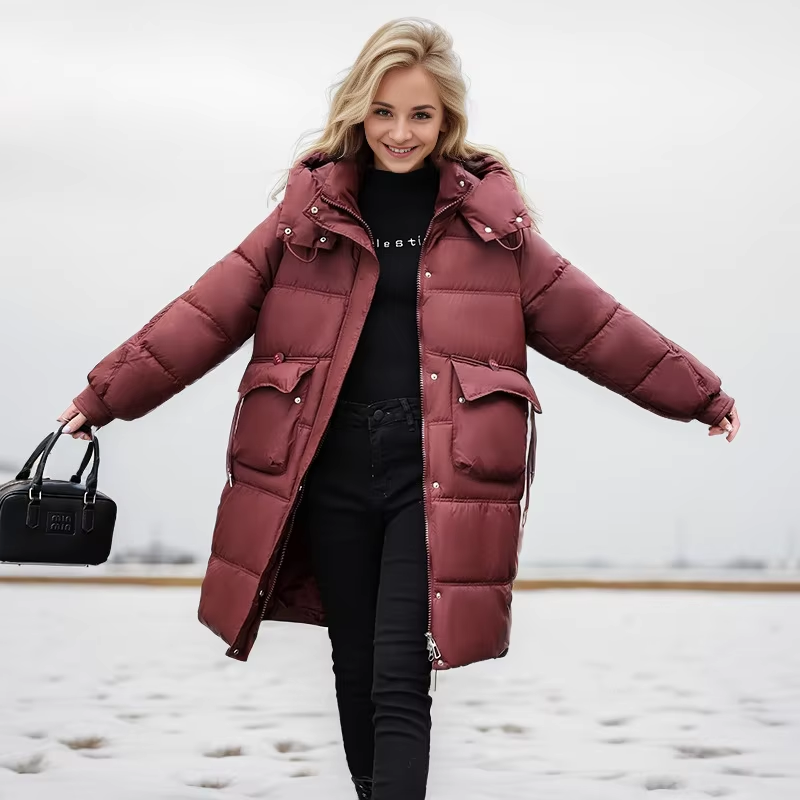 Moda Lange Winterjas Dames - Warme Jas Met Hoge Kraag En Grote Zakken