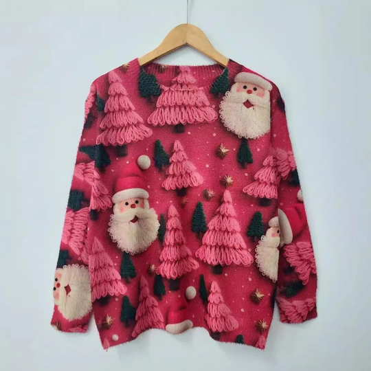 Fijntrt - Kersttrui met Kerstman en Kerstboom Print – Feestelijke Feestdagen Trui