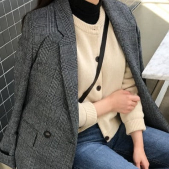 Velorna - Dames Geruite Oversized Blazer, Lange Mouw, Reverskraag