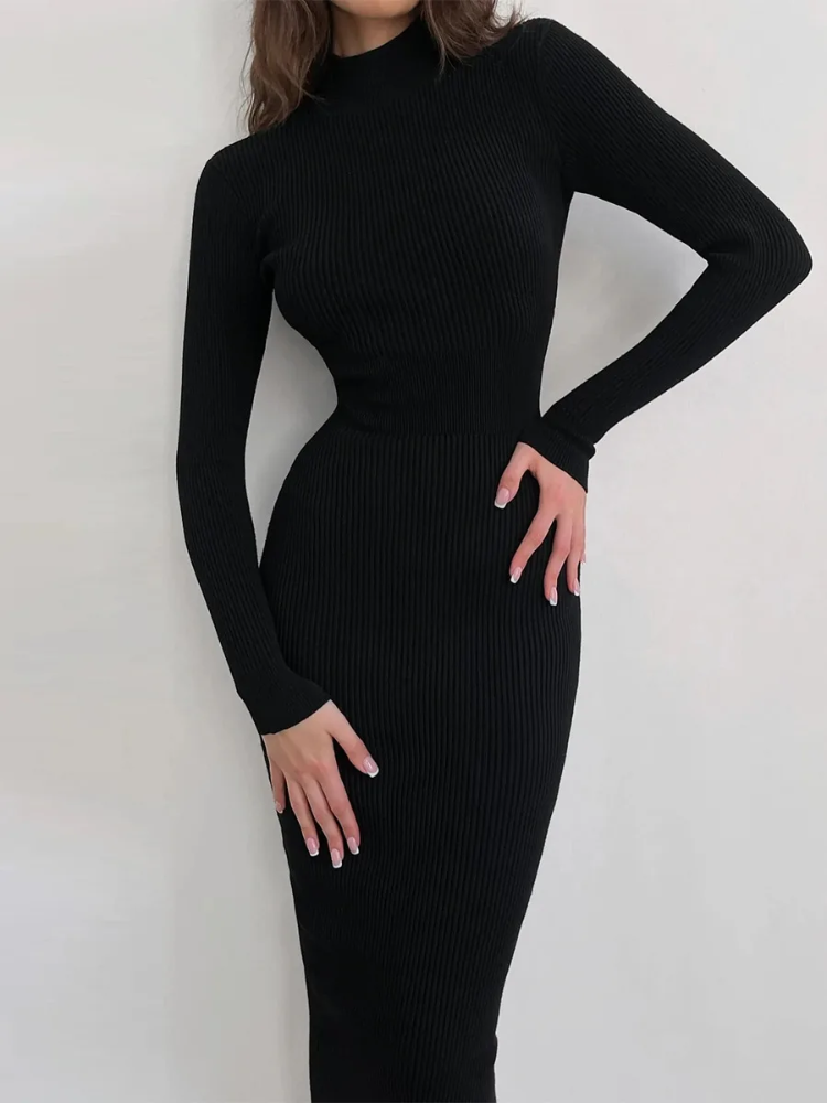 Rokrijk - Slim Fit Gebreide Jurk met Coltrui en Nauwsluitend Silhouet, Gebreide Dames Jurks