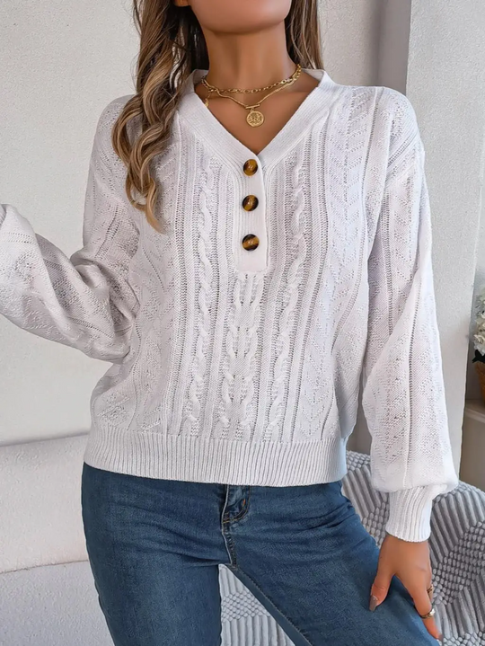 Moda Kabeltrui Dames - V-Hals, Knopen Detail, Lange Mouwen