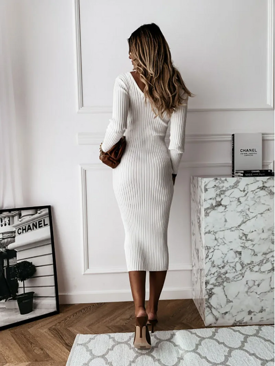 Comforty - Gebreide Midi Jurk met V-Hals en Lange Mouwen, Gebreide Dames Jurks