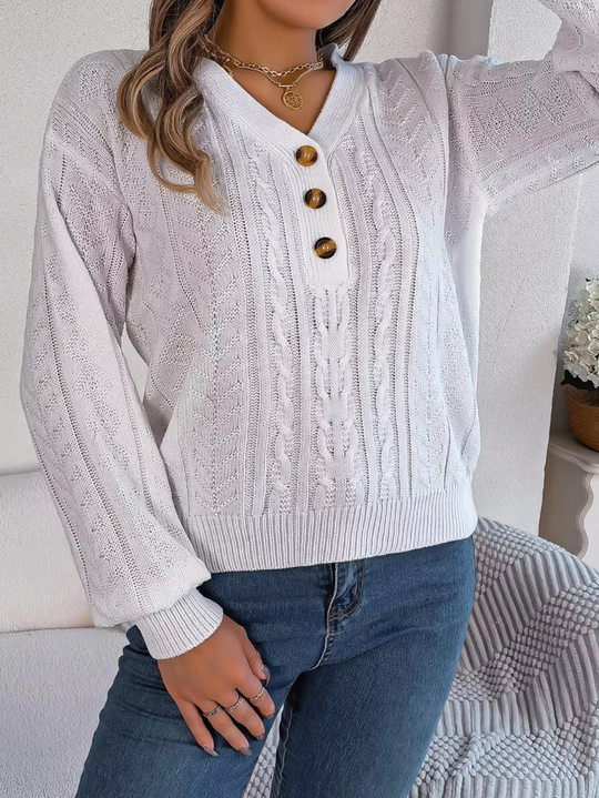 Moda Kabeltrui Dames - V-Hals, Knopen Detail, Lange Mouwen