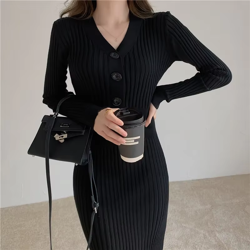 Nostalju - Slim Fit Lange Mouwen Gebreide Jurk met Knopen, Gebreide Dames Jurks
