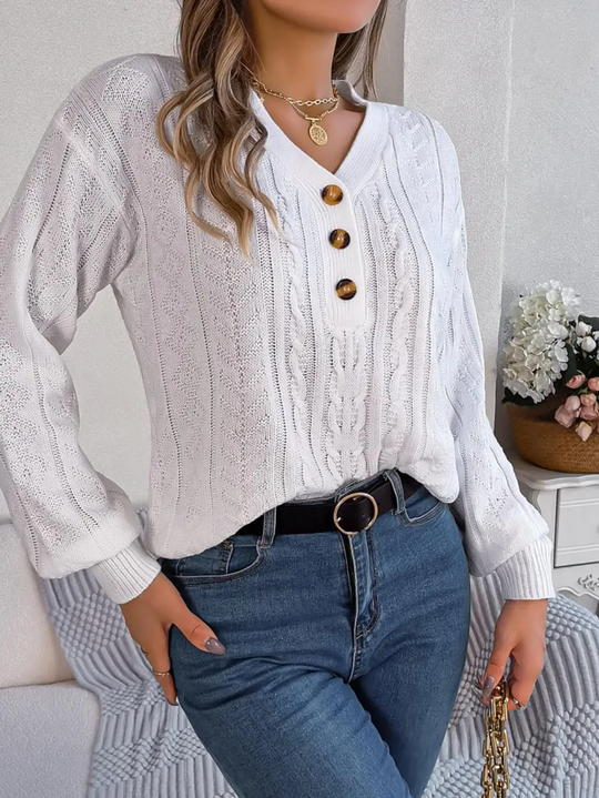 Moda Kabeltrui Dames - V-Hals, Knopen Detail, Lange Mouwen