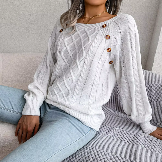 Moda Kabeltrui Dames - Knopen Detail, Losse Pasvorm, Lange Mouwen
