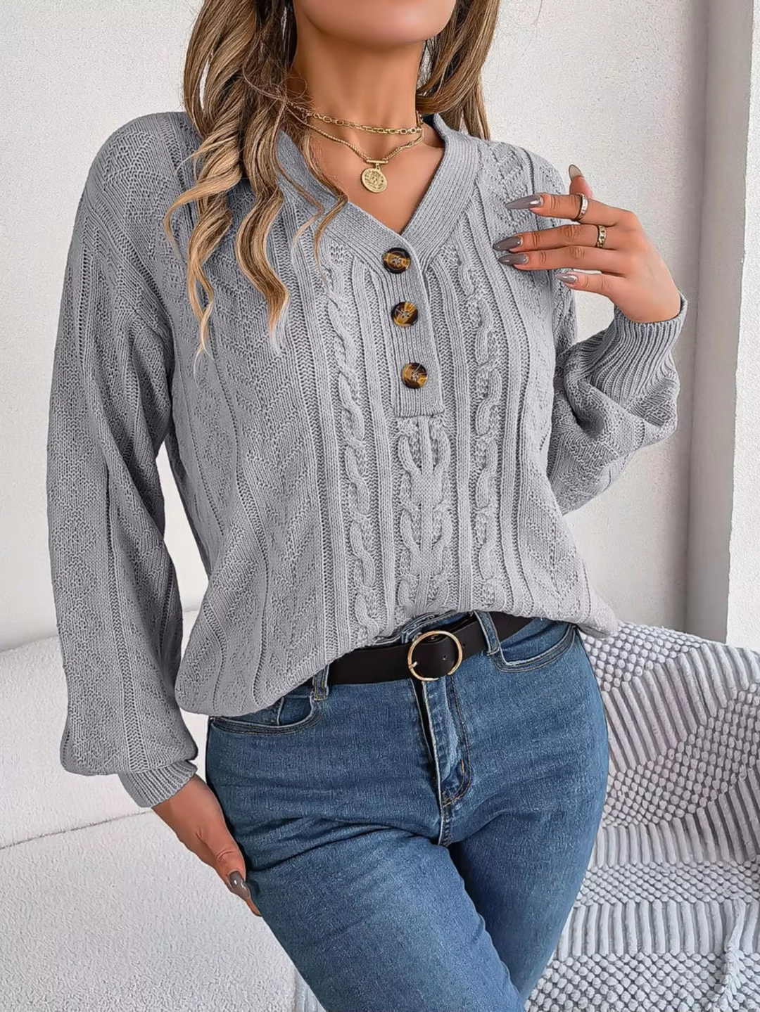 Moda Kabeltrui Dames - V-Hals, Knopen Detail, Lange Mouwen