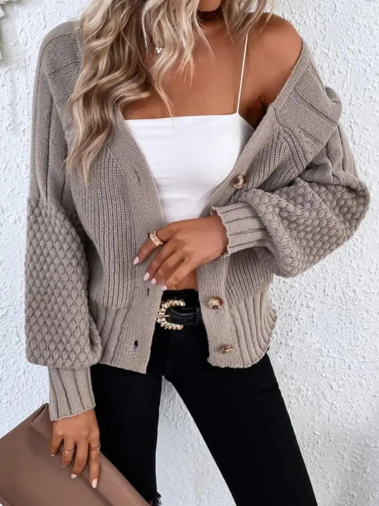 Moda Gebreid Vest Dames Met Textuurrmouwen En Knoopsluiting