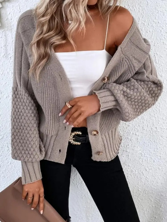 Moda Gebreid Vest Dames Met Textuurrmouwen En Knoopsluiting