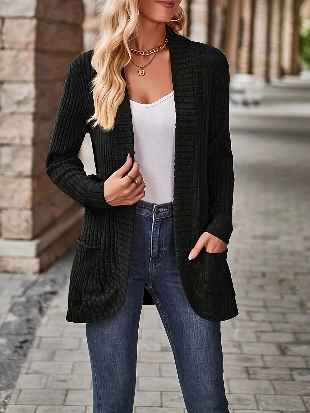 Solvena - Dames Gebreide Cardigan - Open Voorzijde Lange Mouw Geribbelde Trui met Zakken