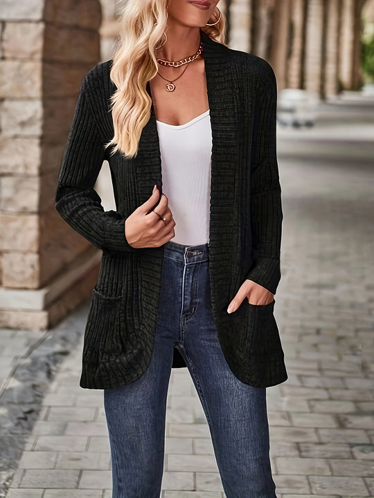 Solvena - Dames Gebreide Cardigan - Open Voorzijde Lange Mouw Geribbelde Trui met Zakken