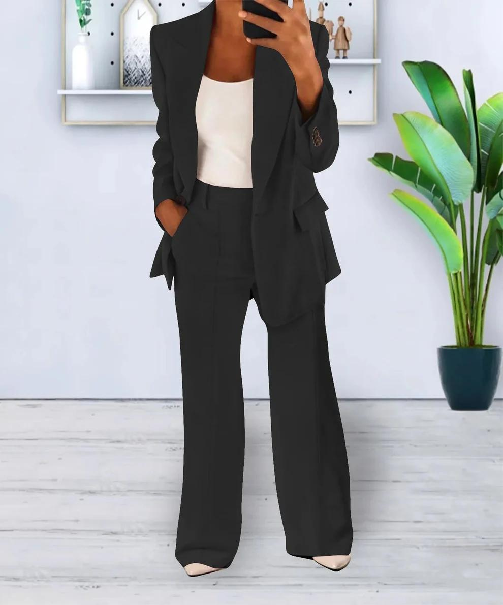 Mavonne - Dames Tweedelige Blazer en Wijde Broek Set, Getailleerde Pasvorm, Formele Kleding