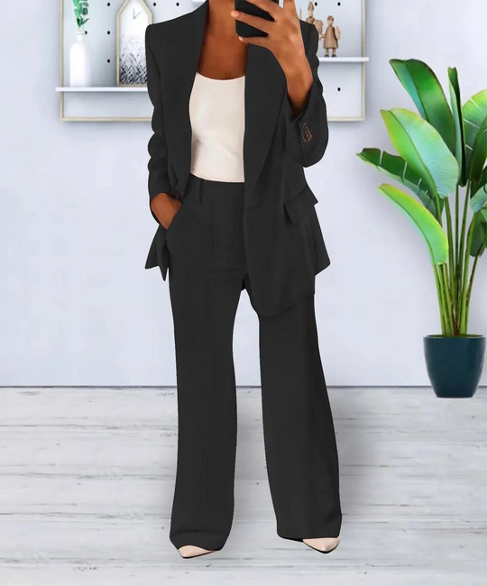 Mavonne - Dames Tweedelige Blazer en Wijde Broek Set, Getailleerde Pasvorm, Formele Kleding