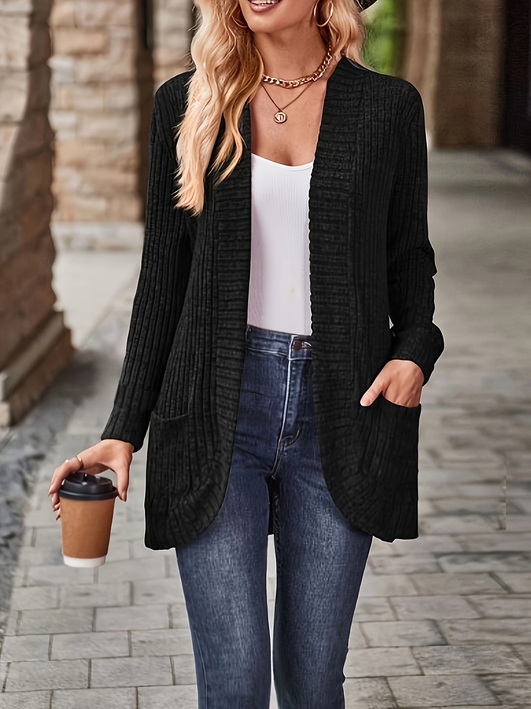 Solvena - Dames Gebreide Cardigan - Open Voorzijde Lange Mouw Geribbelde Trui met Zakken