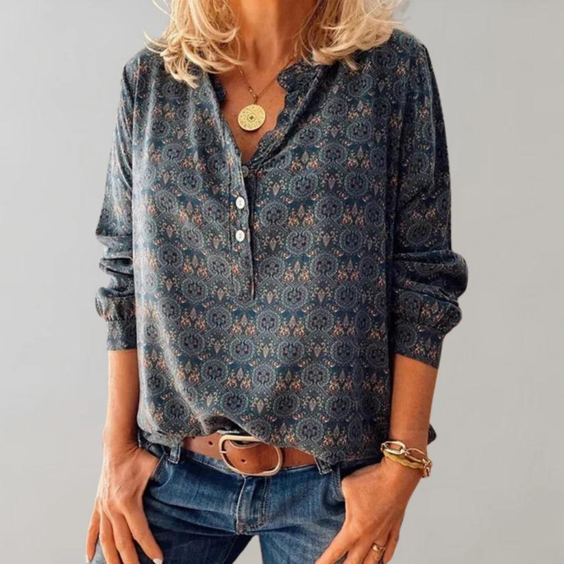 Maridra - Dames Henley Top met Print, Knopen Voor, Lange Mouwen, Comfortabele Stijl