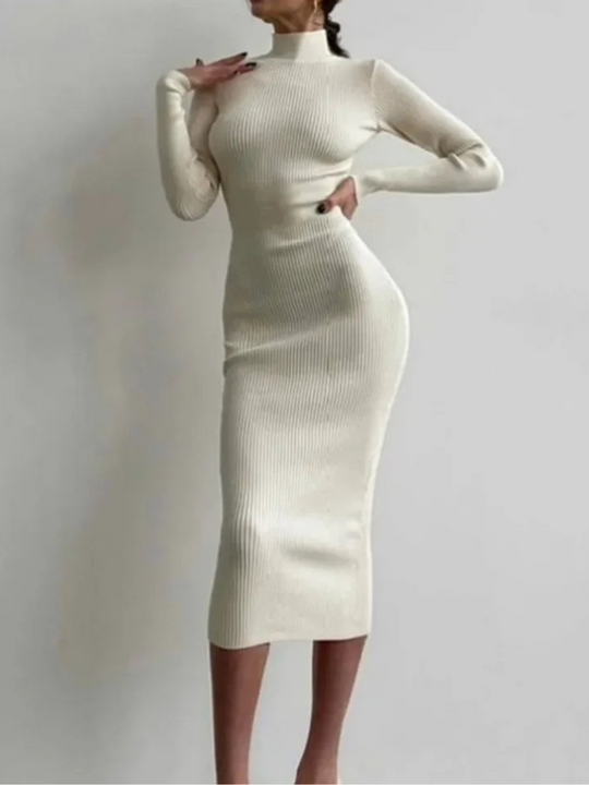 Rokrijk - Slim Fit Gebreide Jurk met Coltrui en Nauwsluitend Silhouet, Gebreide Dames Jurks