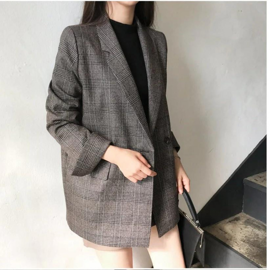 Velorna - Dames Geruite Oversized Blazer, Lange Mouw, Reverskraag