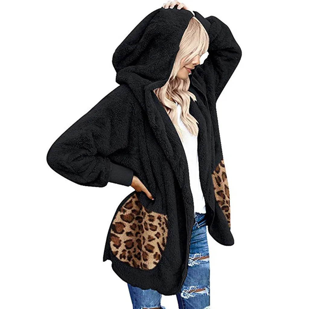 Moda Fleece Vesten Dames Met Luipaardprint Zakken - Casual Warme Hoodie