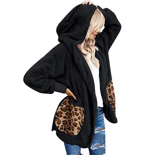 Moda Fleece Vesten Dames Met Luipaardprint Zakken - Casual Warme Hoodie