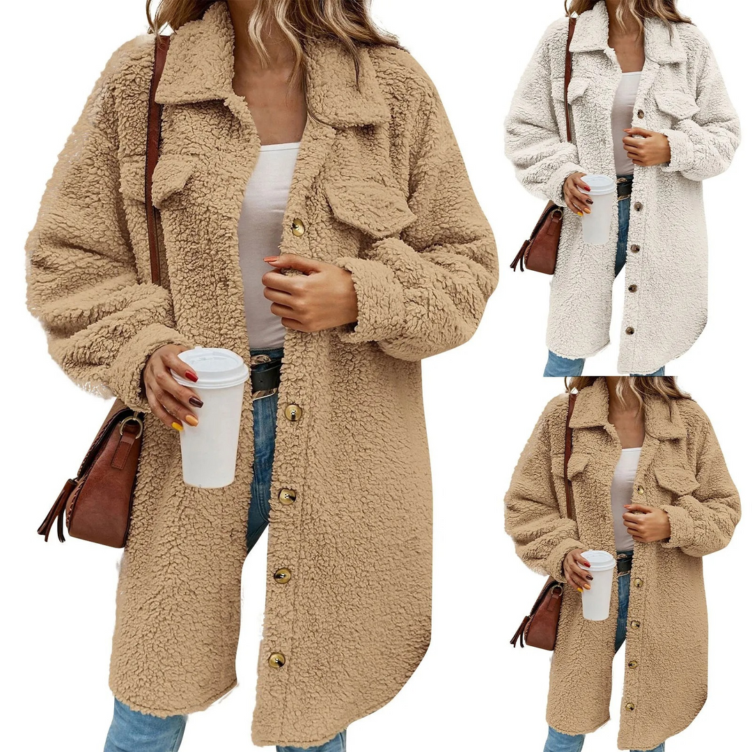 Polmera - Lange Teddy Jas Dames met Knopen en Borstzakken