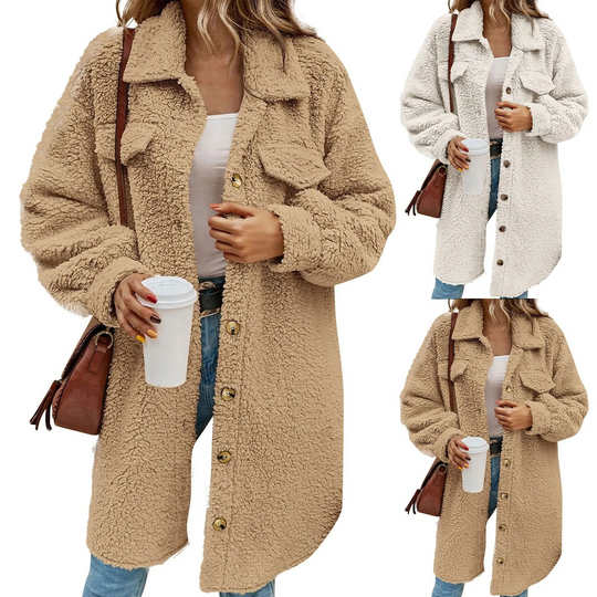 Polmera - Lange Teddy Jas Dames met Knopen en Borstzakken