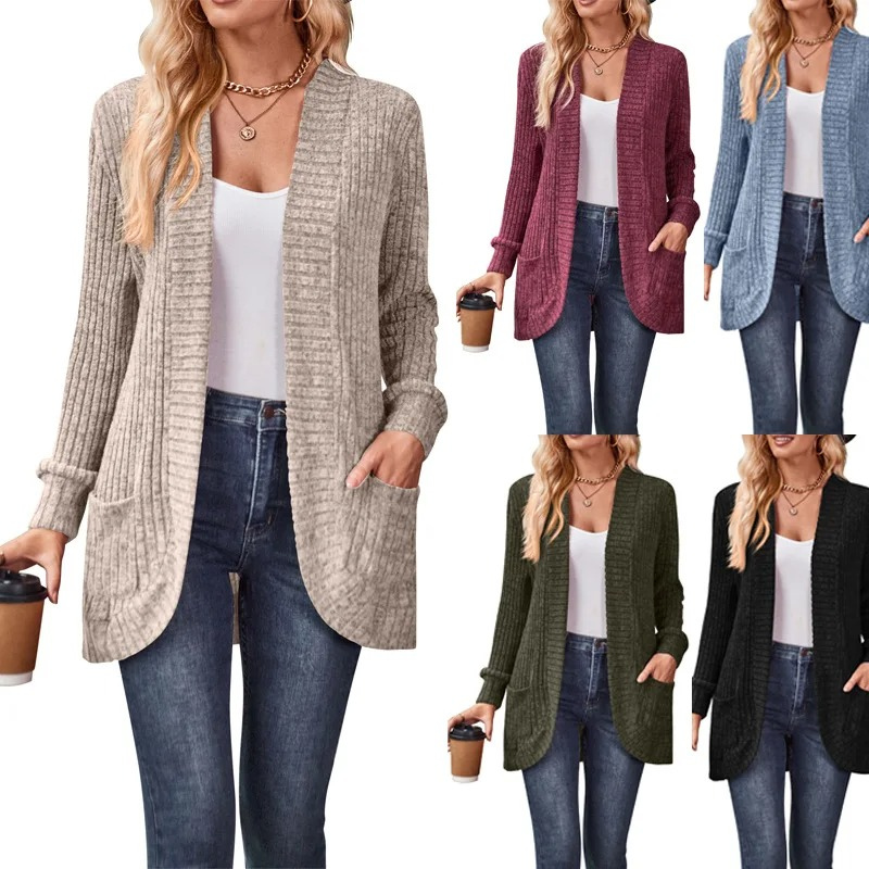 Moda Lange Vesten Dames - Geribd Gebreid Vest met Zakken