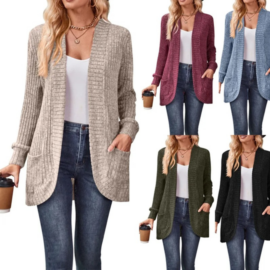 Moda Lange Vesten Dames - Geribd Gebreid Vest met Zakken