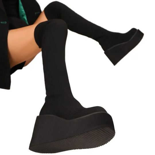 Moda Overknee Laarzen - Stretch Stof, Platform Zolen, Trendy Design