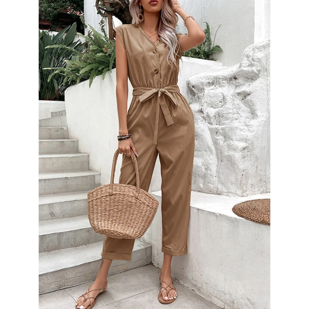 MODA blauwe v-hals knoopsluiting zachte broek jumpsuit