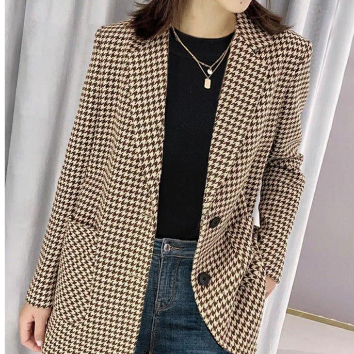 Corlina - Dames Houndstooth Blazer met Riem, Lange Mouw, Getailleerde Pasvorm