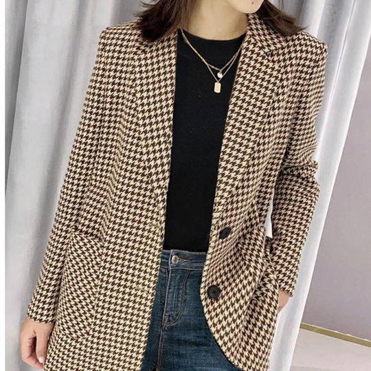 Corlina - Dames Houndstooth Blazer met Riem, Lange Mouw, Getailleerde Pasvorm