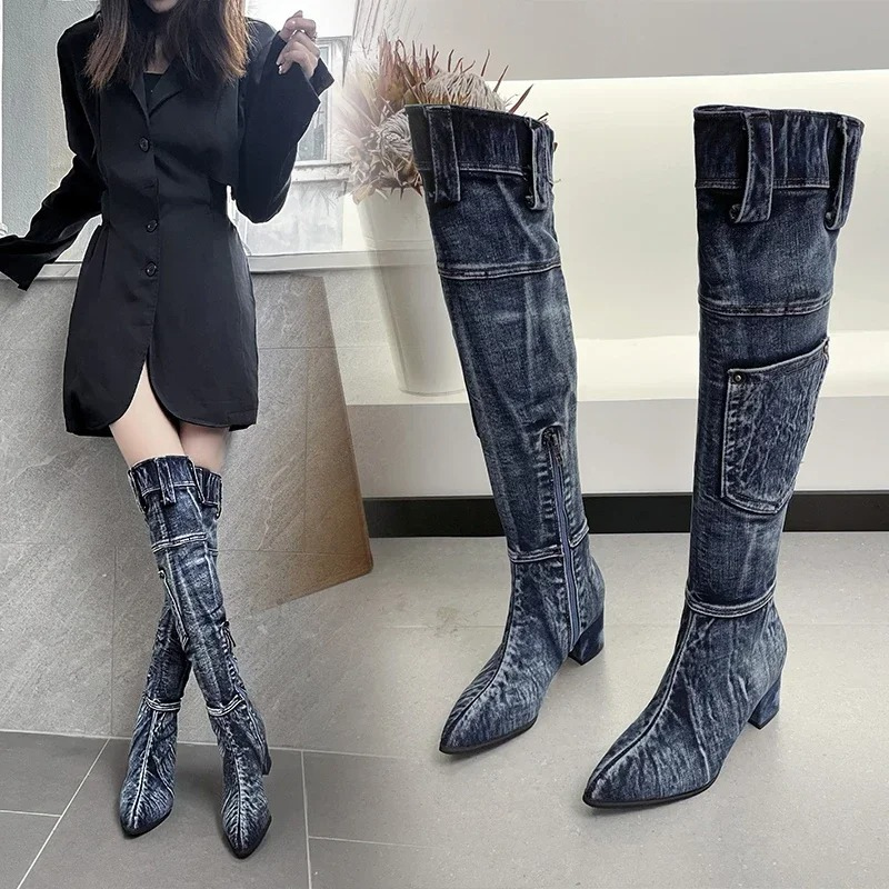 Moda Overknee Spijkerlaarzen met Puntige Neus - Trendy Dames Laarzen