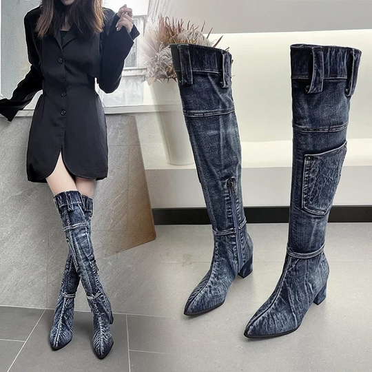 Moda Overknee Spijkerlaarzen met Puntige Neus - Trendy Dames Laarzen