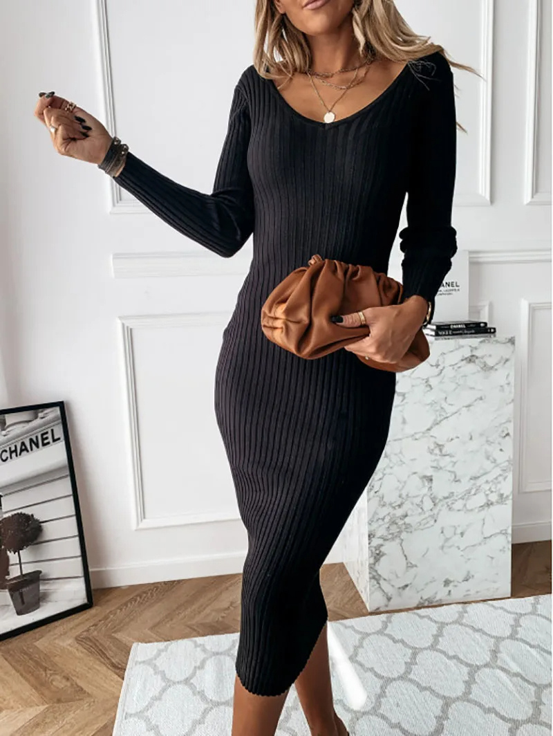 Comforty - Gebreide Midi Jurk met V-Hals en Lange Mouwen, Gebreide Dames Jurks