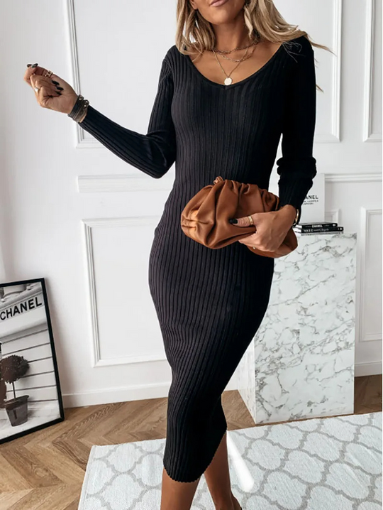 Comforty - Gebreide Midi Jurk met V-Hals en Lange Mouwen, Gebreide Dames Jurks