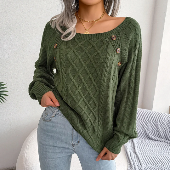 Moda Kabeltrui Dames - Knopen Detail, Losse Pasvorm, Lange Mouwen