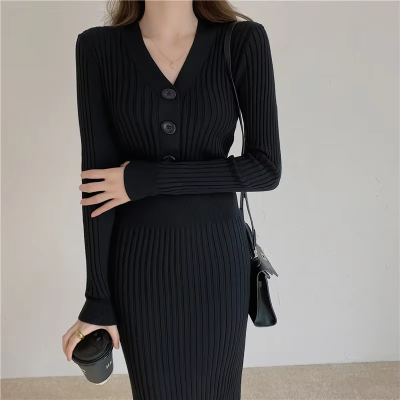 Nostalju - Slim Fit Lange Mouwen Gebreide Jurk met Knopen, Gebreide Dames Jurks