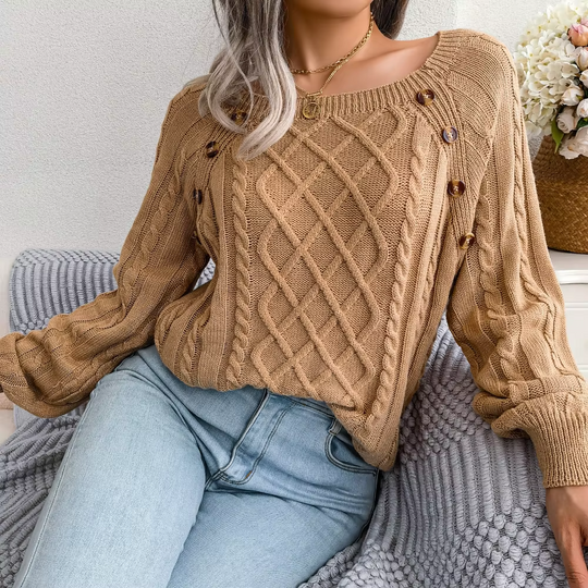 Moda Kabeltrui Dames - Knopen Detail, Losse Pasvorm, Lange Mouwen