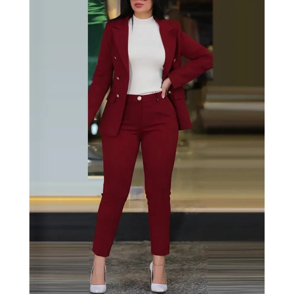 MODA dubbele borst slanke taille effen kleur blazer en broek set