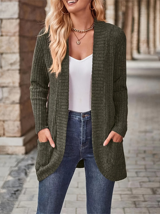 Solvena - Dames Gebreide Cardigan - Open Voorzijde Lange Mouw Geribbelde Trui met Zakken