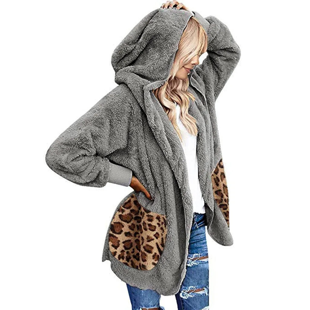 Moda Fleece Vesten Dames Met Luipaardprint Zakken - Warme Casual Hoodie