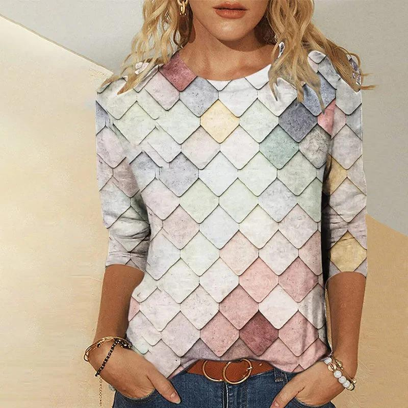 Vivoree - Women's 3/4 Sleeve Blouse with Scallop Design, Casual Round Neck Shirt