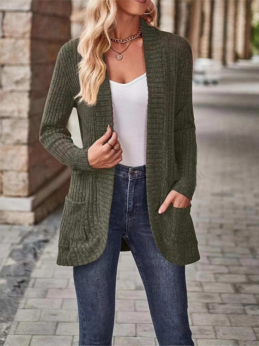 Solvena - Dames Gebreide Cardigan - Open Voorzijde Lange Mouw Geribbelde Trui met Zakken
